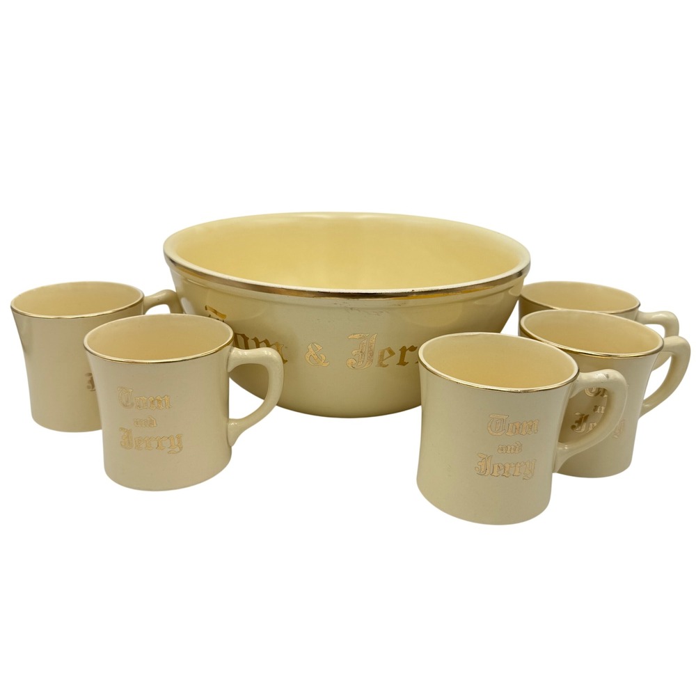 Vtg Homer Laughlin Tom and Jerry Punch Bowl Eggnog Set 5 Mugs Cream Gold USA